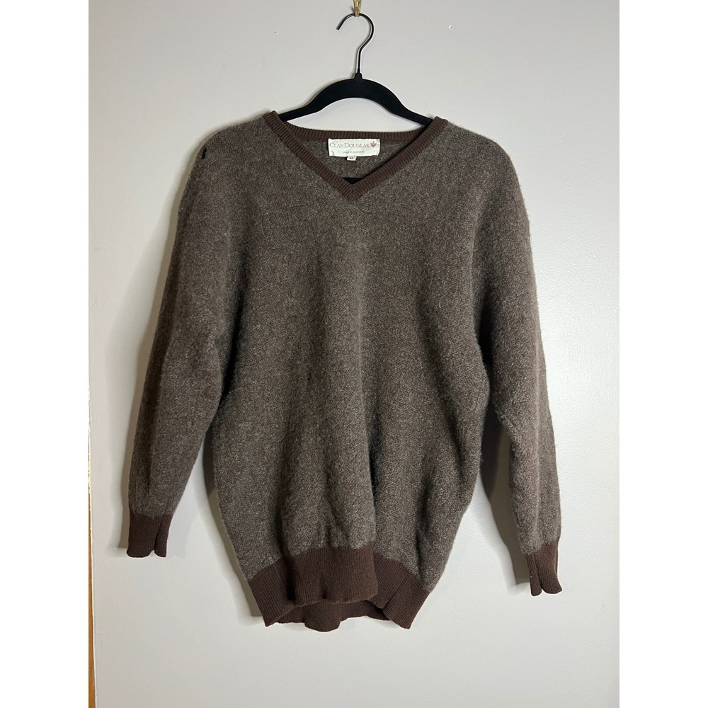 Clan Douglas Pure Cashmere V-Neck Sweater Brown Made in Scotland Mens XL Vintage